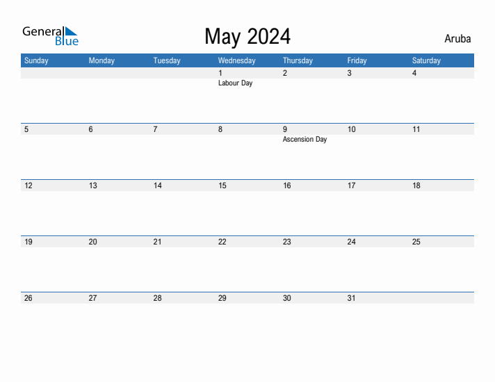 Editable May 2024 Calendar with Aruba Holidays