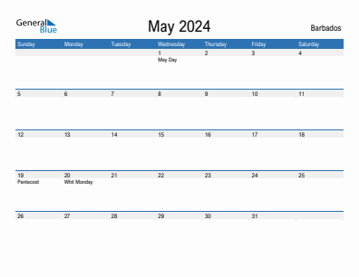 Current month calendar with Barbados holidays for May 2024