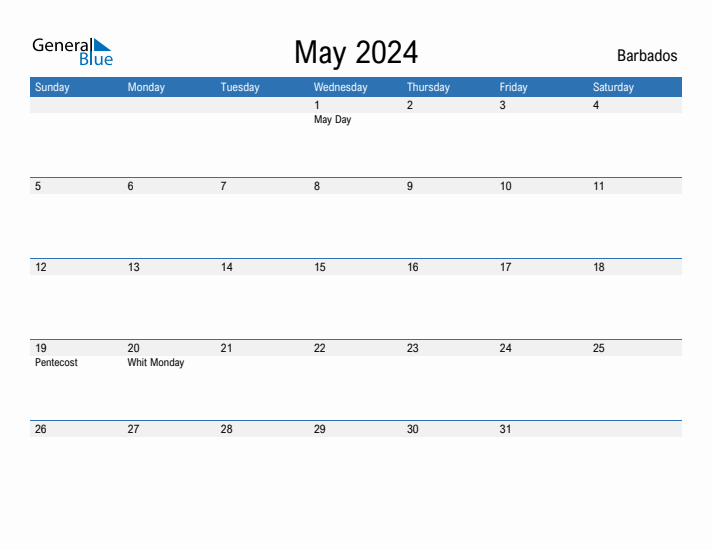 Editable May 2024 Calendar with Barbados Holidays