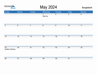 Current month calendar with Bangladesh holidays for May 2024
