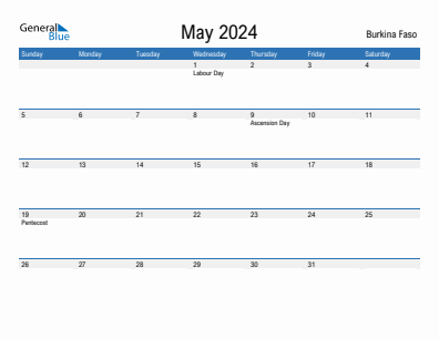 Current month calendar with Burkina Faso holidays for May 2024