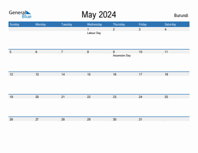 Current month calendar with Burundi holidays for May 2024
