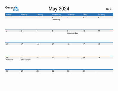 Current month calendar with Benin holidays for May 2024