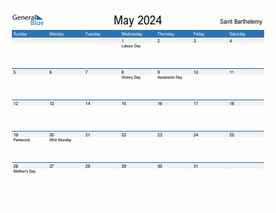Current month calendar with Saint Barthelemy holidays for May 2024