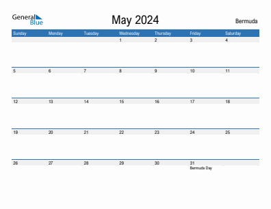 Current month calendar with Bermuda holidays for May 2024
