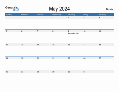 Current month calendar with Bolivia holidays for May 2024
