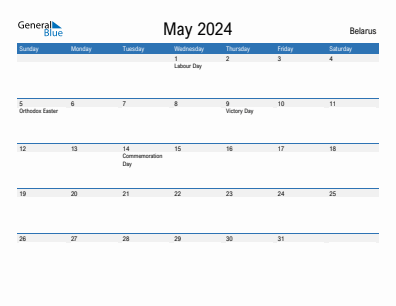 Current month calendar with Belarus holidays for May 2024