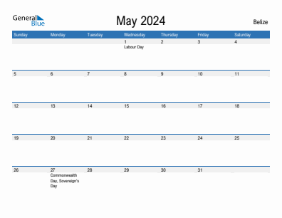 Current month calendar with Belize holidays for May 2024