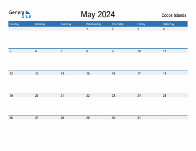 Current month calendar with Cocos Islands holidays for May 2024