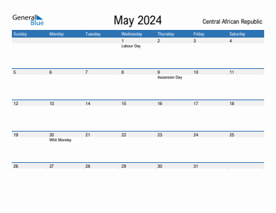 Current month calendar with Central African Republic holidays for May 2024