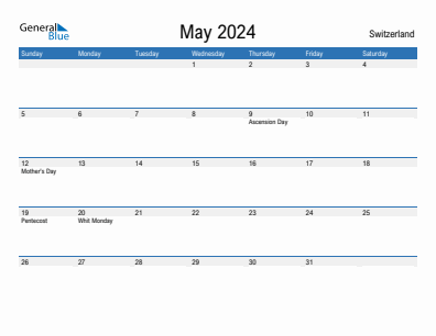 Current month calendar with Switzerland holidays for May 2024
