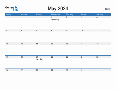 Current month calendar with Chile holidays for May 2024