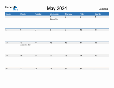Current month calendar with Colombia holidays for May 2024