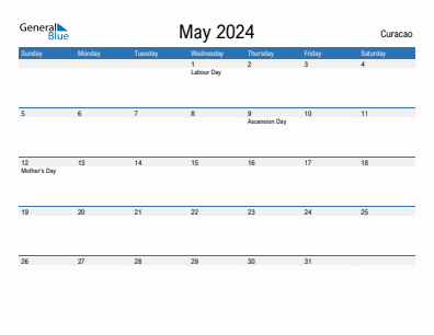 Current month calendar with Curacao holidays for May 2024