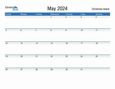 Current month calendar with Christmas Island holidays for May 2024