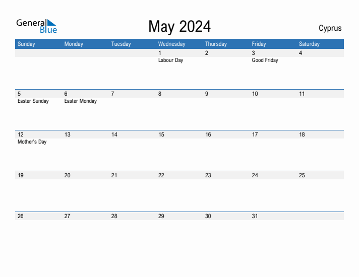 Editable May 2024 Calendar with Cyprus Holidays