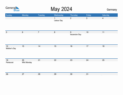 Current month calendar with Germany holidays for May 2024
