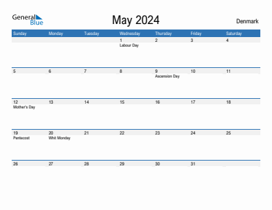 Current month calendar with Denmark holidays for May 2024