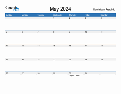 Current month calendar with Dominican Republic holidays for May 2024
