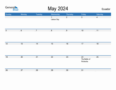 Current month calendar with Ecuador holidays for May 2024