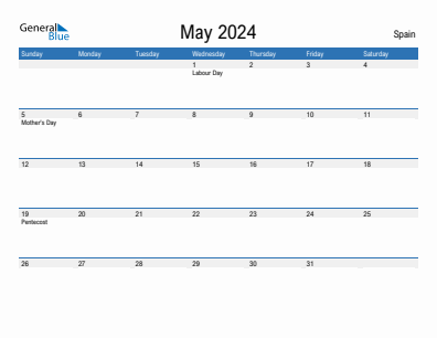 Current month calendar with Spain holidays for May 2024