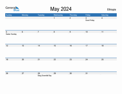 Current month calendar with Ethiopia holidays for May 2024