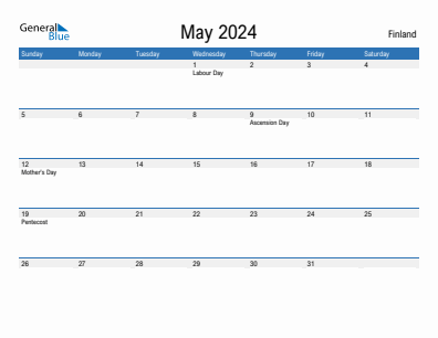 Current month calendar with Finland holidays for May 2024