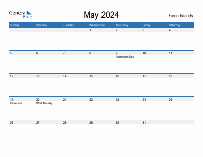 Current month calendar with Faroe Islands holidays for May 2024