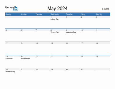 Current month calendar with France holidays for May 2024