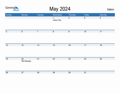 Current month calendar with Gabon holidays for May 2024