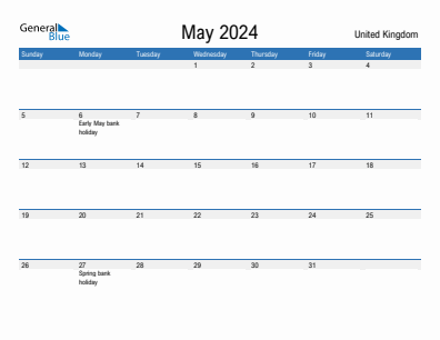 Current month calendar with United Kingdom holidays for May 2024