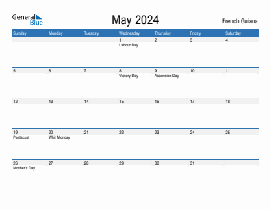 Current month calendar with French Guiana holidays for May 2024