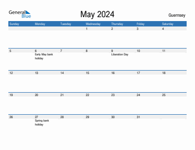 Current month calendar with Guernsey holidays for May 2024