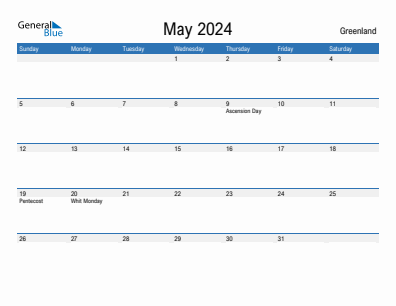 Current month calendar with Greenland holidays for May 2024