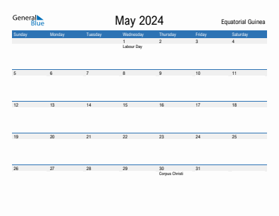 Current month calendar with Equatorial Guinea holidays for May 2024
