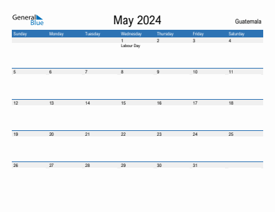 Current month calendar with Guatemala holidays for May 2024