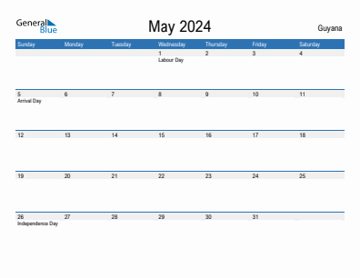 Current month calendar with Guyana holidays for May 2024