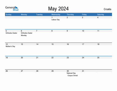Current month calendar with Croatia holidays for May 2024