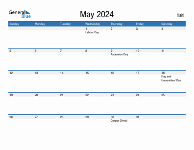 Current month calendar with Haiti holidays for May 2024