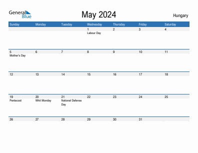 Current month calendar with Hungary holidays for May 2024