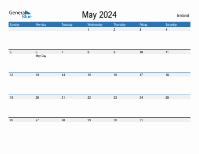 Current month calendar with Ireland holidays for May 2024