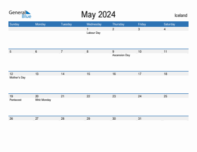 Current month calendar with Iceland holidays for May 2024