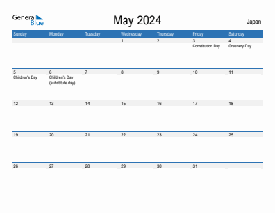 Current month calendar with Japan holidays for May 2024