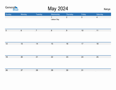Current month calendar with Kenya holidays for May 2024