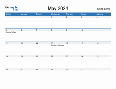 Current month calendar with South Korea holidays for May 2024