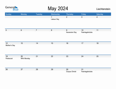 Current month calendar with Liechtenstein holidays for May 2024