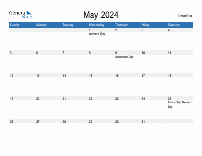 Current month calendar with Lesotho holidays for May 2024