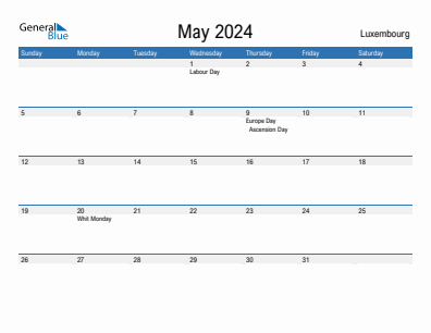 Current month calendar with Luxembourg holidays for May 2024