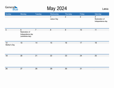 Current month calendar with Latvia holidays for May 2024