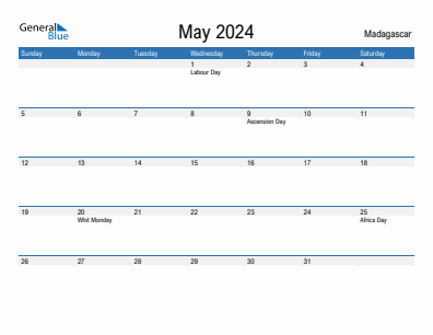 Current month calendar with Madagascar holidays for May 2024